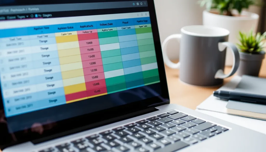 Laptop screen with spreadsheet, coffee mug, notebook, plant.