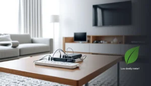 Living room with smart power strip, plugged devices, digital power meter, green leaf icon.