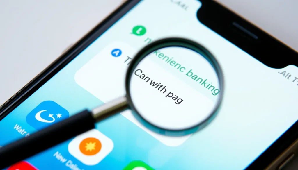 Close-up of a smartphone screen showing a bank app with a suspicious notification and a magnifying glass overlay.